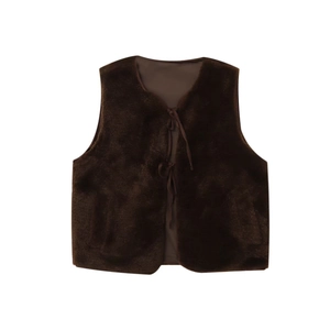 Detail of soft dark brown faux fur vest with delicate bow ribbon ties on white background