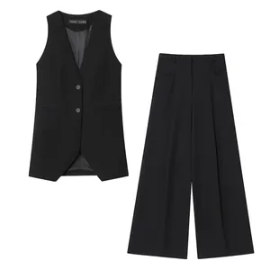 Haut de Gilet Sans Manches Élégant pour Femme et Pantalon Large en Satin Polyester Couleur Unie Streetwear Bureau Décontracté