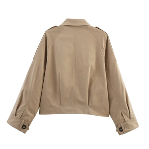 Back view of khaki short trench coat featuring raglan sleeves and structured back pleats