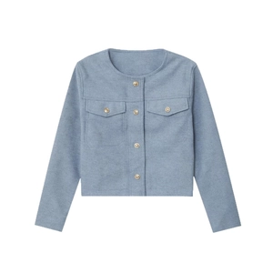 Sky blue cropped round neck tweed jacket with gold buttons and decorative pockets
