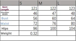 Tableau des tailles détaillé pour la robe avec mesures de longueur, buste et taille