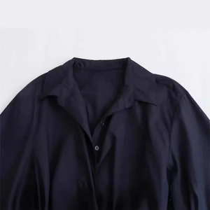 Dark blue long sleeve poplin shirt with lapel collar and pleated bow detail for women