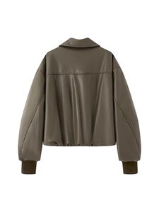 Deep olive green PU leather cropped jacket featuring classic collar and ribbed cuffs back view
