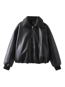 Chic black PU leather jacket for women with zipper closure and ribbed trim details