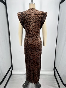 Detail view of Y2K leopard print maxi dress with padded shoulders and shell buckle
