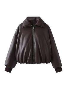Chocolate brown cropped PU leather puffer jacket with ribbed hem and lapel collar