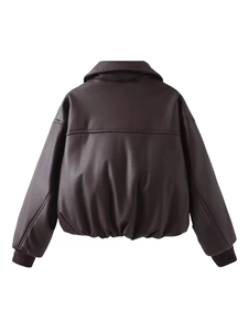 Back view of a minimalist dark brown PU leather bomber jacket with ribbed cuffs and hem