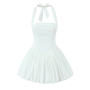 White halter neck mini dress with bow detail and tiered flared skirt in a slim fit
