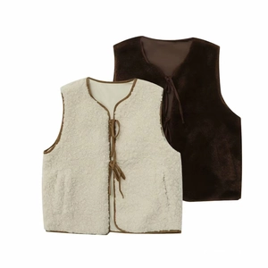 Women's Casual Faux Sherpa Fleece Vest Round Neck Sleeveless Waistcoat With Front Tie Autumn Winter Warm Outerwear Top