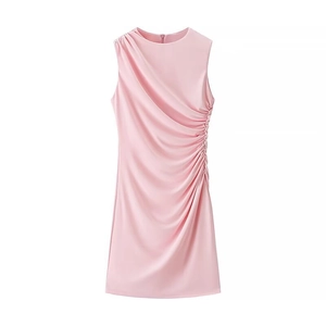 Pink sleeveless mini dress with elegant side ruching and classic round neckline