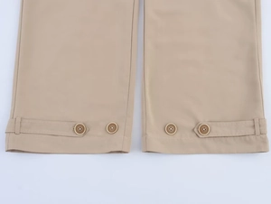 Detailed close-up of khaki trouser hem featuring decorative button tab and fine stitching