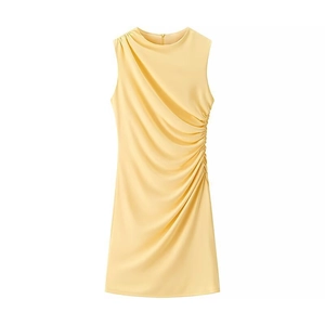 Light yellow sleeveless summer dress featuring elegant ruched detailing and slim fit design