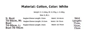 Size guide for white cotton ruffle dress with detailed measurements for S, M, and L sizes