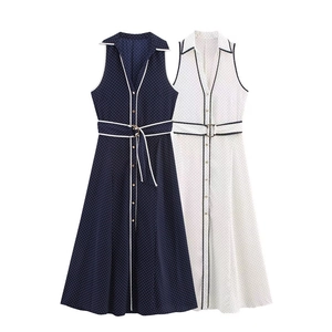 Women's Retro Polka Dot Sleeveless Maxi Dress V-Neck Lapel A-Line Summer Casual Long Dress With Adjustable Belt
