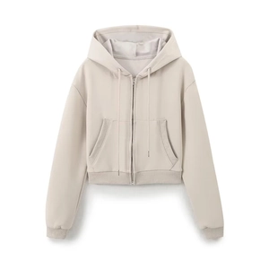 Felpa con cappuccio beige grigio corta con zip, bordi a coste e tasche a marsupio