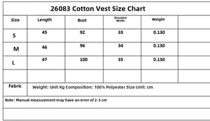 Detailed size chart for women's printed vest showing S to L measurements in centimeters