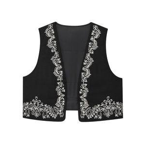 Women's Vintage Embroidered Short Vest Sleeveless Open Front Waistcoat Casual Ethnic Style Black Outerwear Vest Top