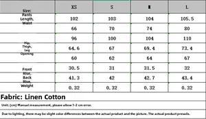 Tableau des tailles détaillé pour pantalon en lin et coton avec mesures de la taille