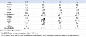 Size chart for linen-cotton casual shirt including length, bust, and sleeve measurements