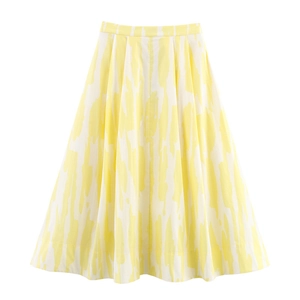 Jupe mi-longue évasée à taille haute avec imprimé abstrait jaune et blanc artistique