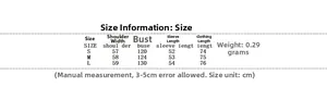 Detailed size chart for summer long sleeve cotton top with measurements in centimeters