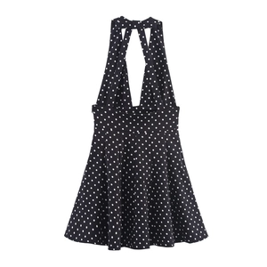 Abito Mini da Donna Vintage a Pois Scollo all'Americana Profondo Scollo a V Schiena Scoperta Fiocco a Trapezio Estate Festa
