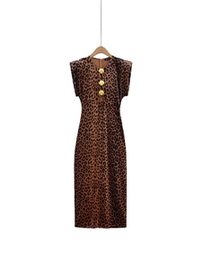 Y2K Leopard Print Velvet Maxi Dress With Shell Metal Buckles Padded Shoulders Hollow Out Bodycon Party Dress For Women