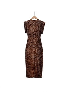 Sleeveless Y2K leopard print velvet midi dress with padded shoulders and back zipper