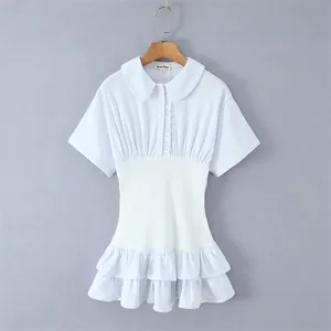 Elegant White Peter Pan Collar Short Sleeve Mini Dress With Ruffle Hem And Elastic Waist For Women Casual Date Party Wear