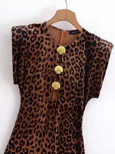 Y2K velvet leopard print maxi dress with shell metal buckles and padded shoulders