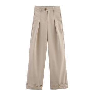 Women's khaki high-waisted wide-leg pleated trousers with unique button ankle straps