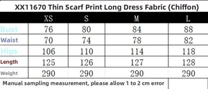 Guide des tailles pour robe longue en mousseline imprimée avec mesures pour tailles XS à L