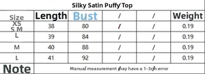 Size chart for backless satin top with length and bust measurements for XS to L sizes