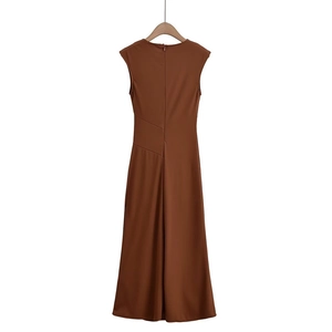 Detail view of coffee-colored sleeveless midi dress with asymmetrical waist seams and back zipper