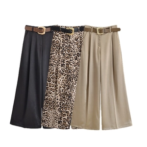 Pantalon Femme Taille Haute Jambe Large Avec Ceinture Satin Lustre Imprimé Léopard Élégant Décontracté Long
