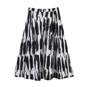 Jupe midi trapèze à taille haute pour femme avec imprimé abstrait noir sur fond blanc