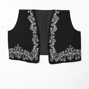 Women's summer ethnic short vest with white floral embroidery on black fabric