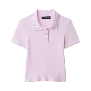 Pink short sleeve knit Polo shirt with sparkling rhinestone collar and ribbed texture