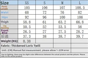 Size chart for high waist flared pants including length, waist, and hip measurements