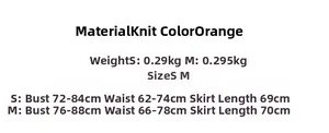 Tableau des tailles pour robe en tricot orange incluant buste, taille et longueur