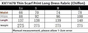 Detailed size guide for the printed chiffon long dress with scarf accessory details