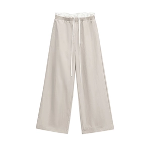 Women Casual Wide Leg Pants Loose Elastic Drawstring Waist Straight Trousers With Ruffle Trim Streetwear Spring Summer
