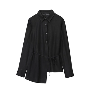 Long sleeve black shirt with drawstring waist and asymmetrical hem flat lay view