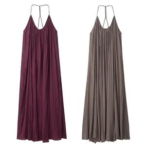 Robe Longue Plissée Sexy pour Femmes Dos Nu sans Manches Ligne A Longue Robe à Bretelles pour Vacances d'Été Quotidien