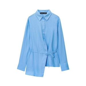 Women's light blue linen long sleeve shirt with asymmetrical hem and waist tie design