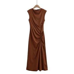 Sleeveless brown knit midi dress with elegant cowl neck and side ruched draping detail