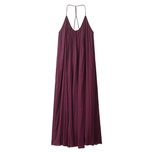 Robe longue plissée violet foncé élégante avec décolleté en V et bretelles licou