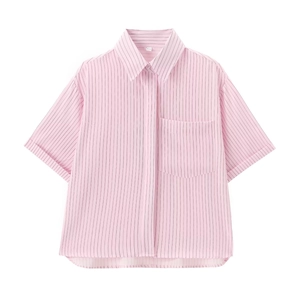 Detail view of pink striped short sleeve shirt with classic collar and square chest pocket