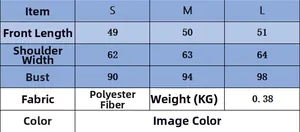 Size chart table for solid color knit sweater showing S, M, L dimensions and polyester fabric