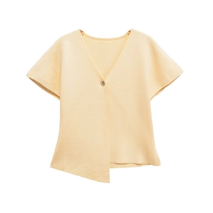 Women V Neck Short Sleeve Knitted Cardigan Solid Color Asymmetric Hem Single Button Casual Streetwear Knit Top